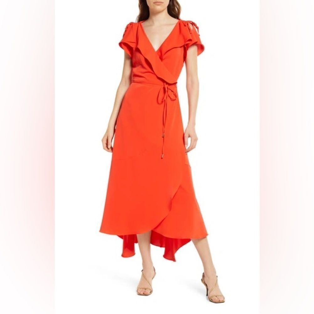 Bishop & Young 'Tara' Wrap Dress Size Xs Deep Red Orange , Flutter Sleeves